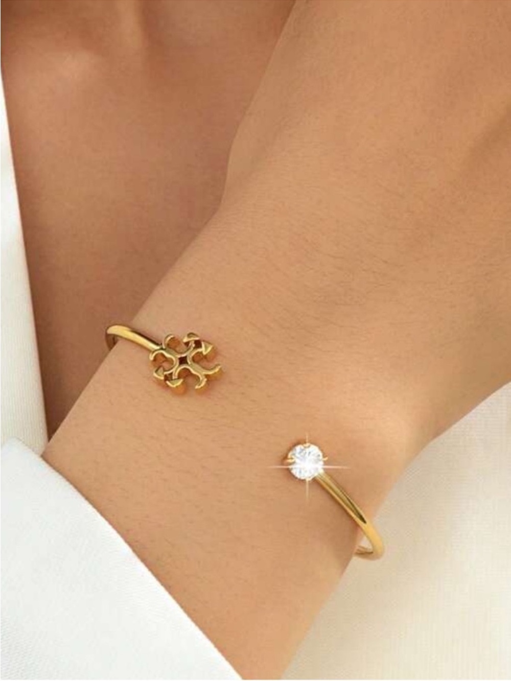 Tory Burch Gold Open Cuff with Logo and Crystal